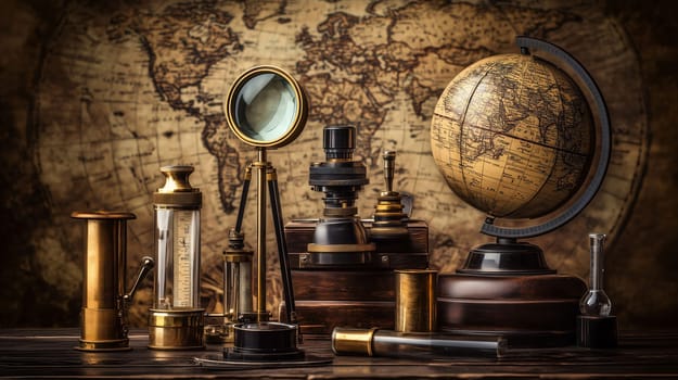 Vintage science instruments are displayed on a desk in front of an old world map