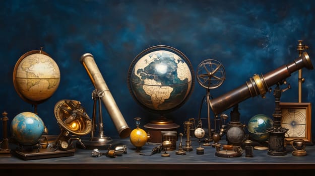 Collection of vintage globe models and scientific instruments are arranged on a desk against a blue background