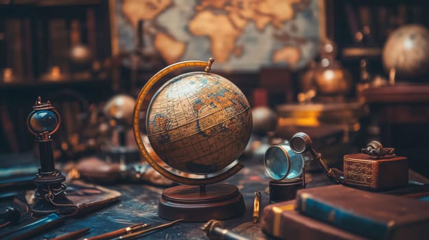 Vintage globe is surrounded by scientific instruments on a desk in a historian's office