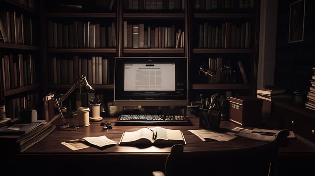 Writer is researching on his computer in his home office at night, surrounded by books and papers