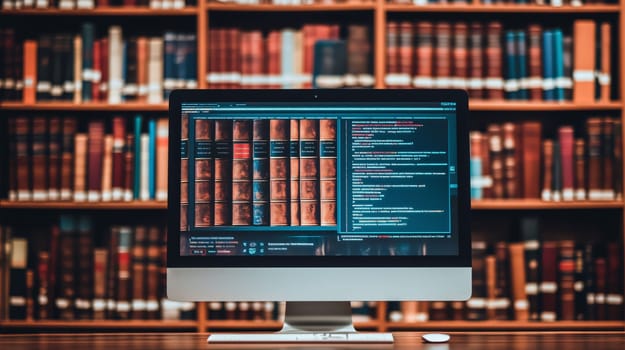 Computer is displaying an online library interface with old books, in a library