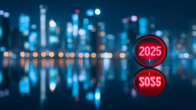 Countdown clock showing 2025 reflecting in a puddle with city skyline bokeh lights at night