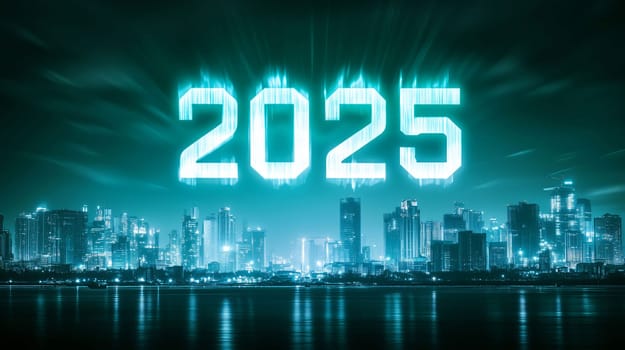 Glowing 2025 numbers hovering over modern city skyline reflected in water at night