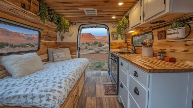 Camper van interior conversion showing a cozy living space with kitchen, bed, and open back doors revealing a scenic desert view