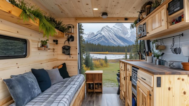 Natural light is filling the interior of this cozy camper van, showing off its rustic aesthetic