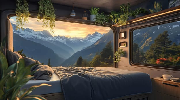 Enjoying the warmth of the golden hour from a cozy camper van interior, surrounded by lush greenery and breathtaking mountain views