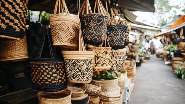 Traditional balinese handwoven rattan bags hanging in a shop at ubud art market, bali, indonesia