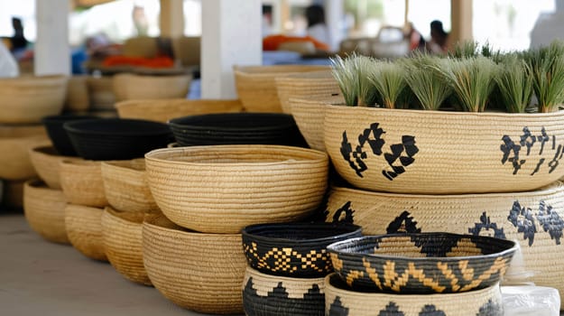 Many empty handwoven baskets are piled up, waiting for customers in a souk stall