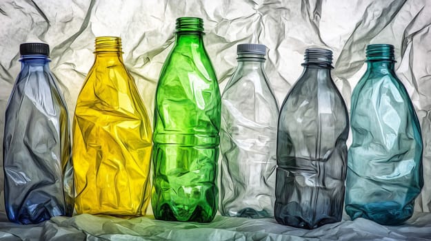 Set of colorful squashed plastic bottles is standing on a white background, bringing the concept of recycling