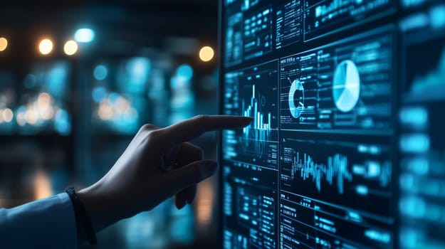Businesswoman is pointing at a computer screen displaying financial charts and graphs