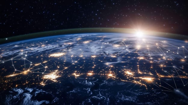 Planet earth is aglow at night with interconnected glowing lines symbolizing worldwide communication
