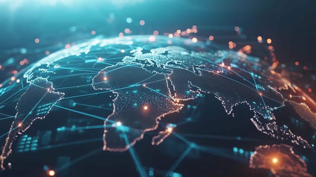 Digital globe with glowing lines connecting continents representing global network and worldwide communication