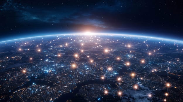 Digital illustration of planet earth at night showing connections between cities