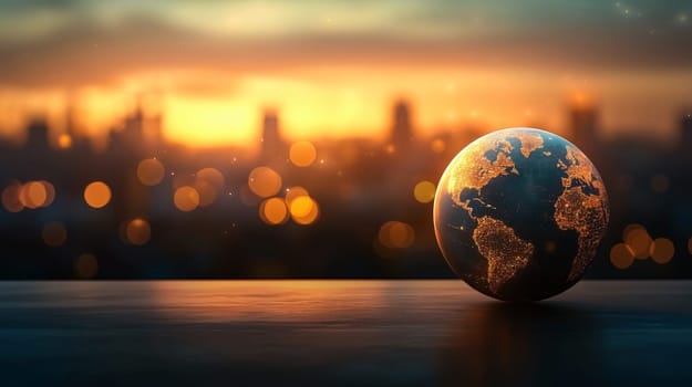 Miniature planet earth is glowing in the dark in front of a blurred city skyline at sunset