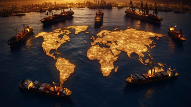 World map made of glowing dots is surrounded by cargo ships sailing towards international destinations