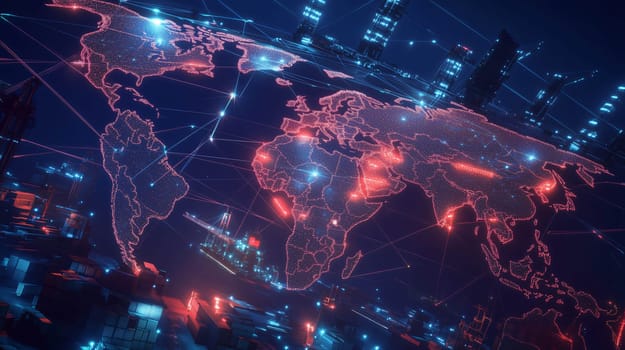 Digital world map with glowing lines connecting continents, visualizing global trade and logistics