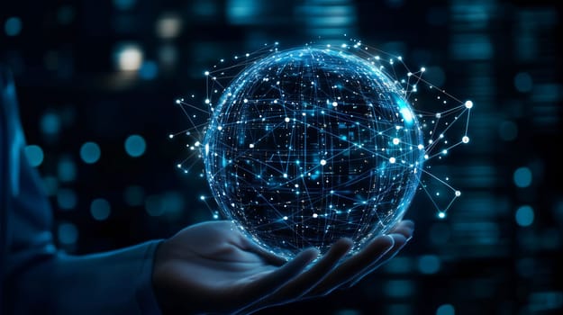 Businessman is holding a glowing global network representing the concept of global connection