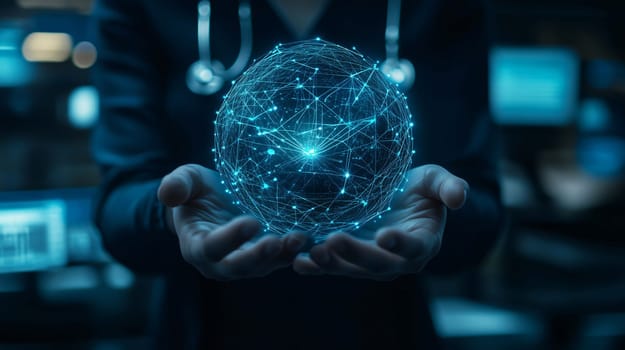 Doctor is holding a glowing globe of medical data representing global healthcare, research, and technology