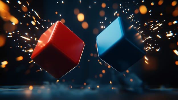 3d rendering of a red and a blue cube colliding with sparks in the air