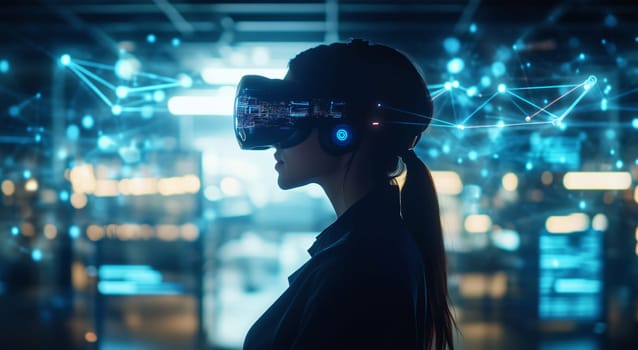 Woman engineer is wearing a vr headset and experiencing the metaverse with a cityscape visual
