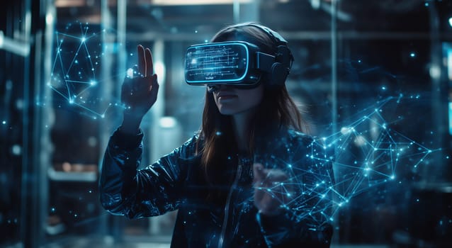 Software engineer is using a vr headset and interacting with a digital hologram