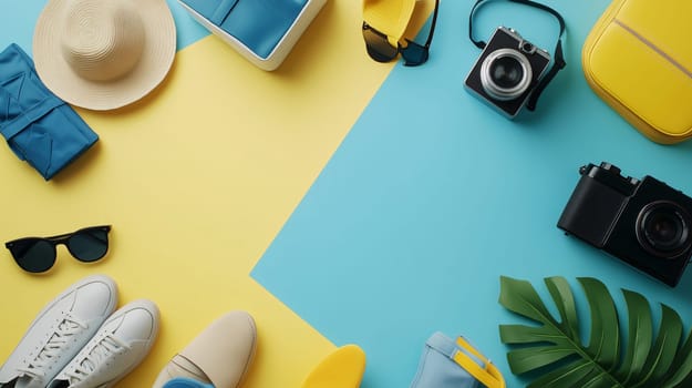 Travel accessories and clothing are lying on blue and yellow background with copy space