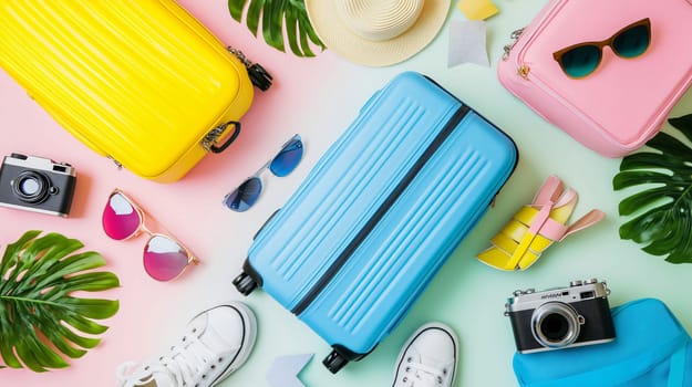 Flat lay travel accessories composition with colorful suitcases, cameras, shoes and tropical leaves lying on pink and green background