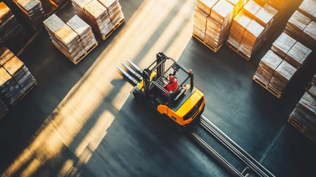 Forklift driver is transporting goods on pallets in a large industrial warehouse