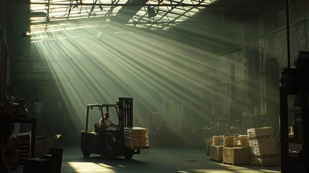 Forklift operator is driving through a warehouse with sunbeams shining through the ceiling