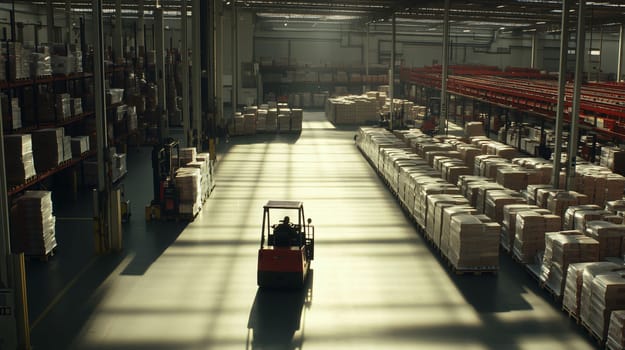 Forklift operator is driving through a warehouse full of packages on pallets