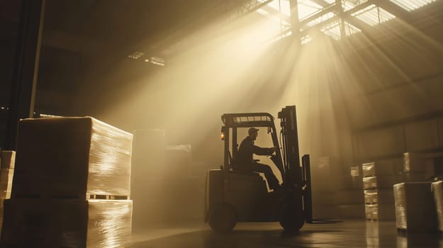 Warehouse worker is driving a forklift in a logistics center full of pallets bathed in warm sunlight