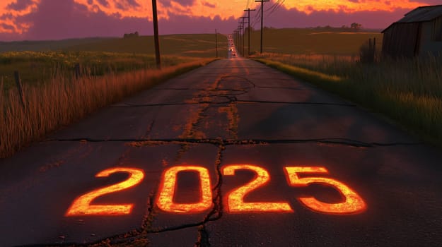 Glowing year 2025 painted on a cracked country road leading toward a beautiful sunset