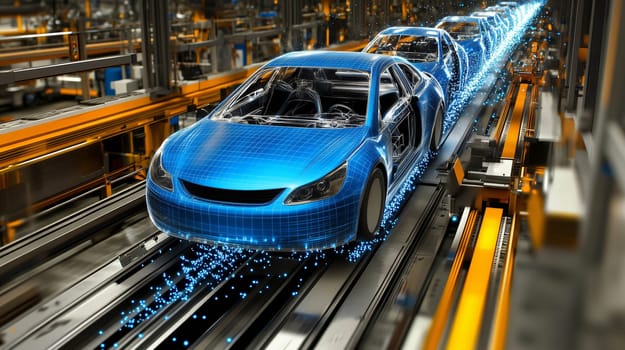 Holographic car model moving through a futuristic assembly line