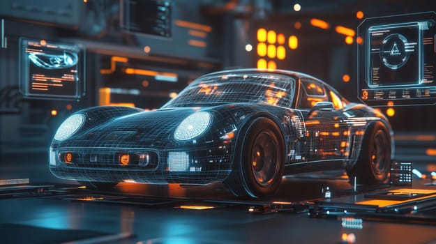 Futuristic sports car being designed with a projected transparent 3d model on a platform surrounded by screens in a high tech laboratory
