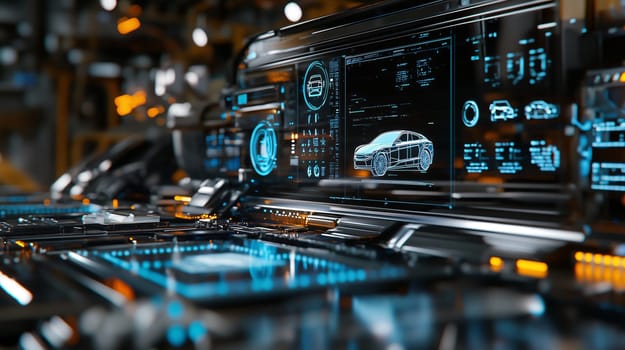 Futuristic holographic interface showing statistics of a concept electric car being designed