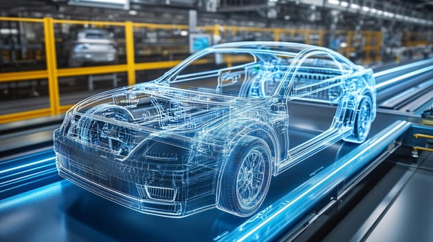 Futuristic concept of car design is being presented on a production line