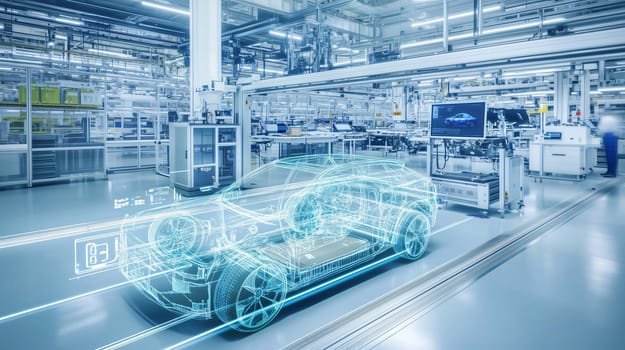 Hologram of electric car being designed on production line in modern factory