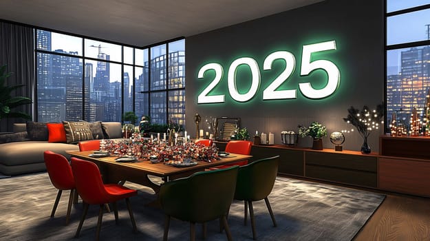 Modern apartment interior decorated for a new year's eve party, featuring a large 2025 sign