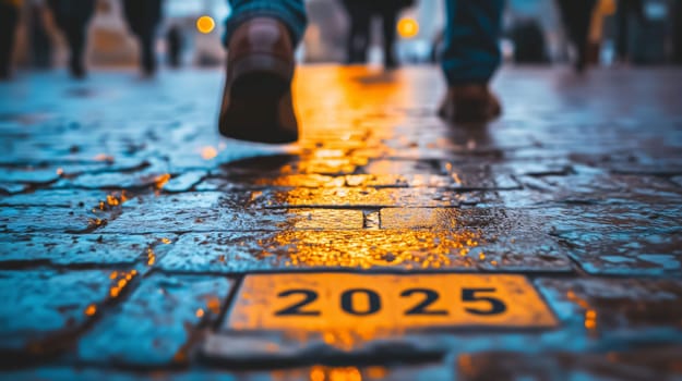 People walking on a cobblestone street towards the year 2025 painted on the ground