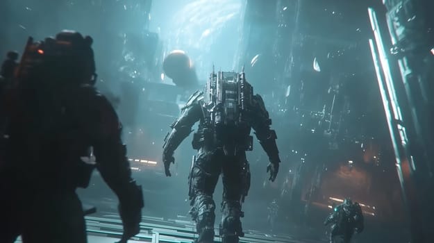 Team of astronauts is exploring a futuristic alien city with advanced technology