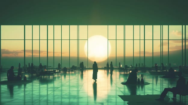 People are relaxing in a futuristic space station with a giant window overlooking a planet at sunset
