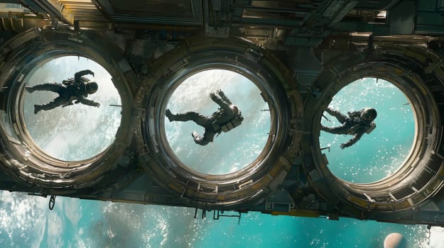 Three astronauts are leaving a space station from different docking ports, ready for a spacewalk