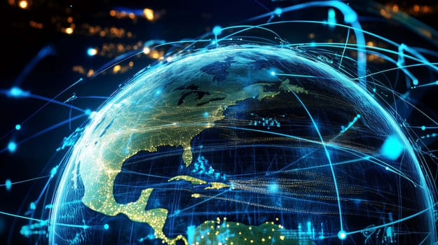Illuminated globe showing network of connections over north and south america at night