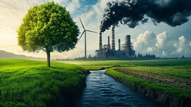 Lone green tree and a wind turbine stand on a green field near a river, contrasting with a polluting factory in the background