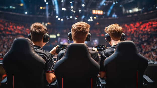 Professional gamer team competing in a video game tournament, sitting with their backs to the camera