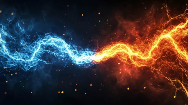 Blue and orange electrical plasma lightning bolts are colliding on a dark background with sparks