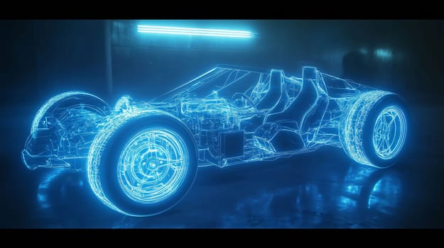 Blue wireframe rendering of an electric sports car is glowing in a dark garage