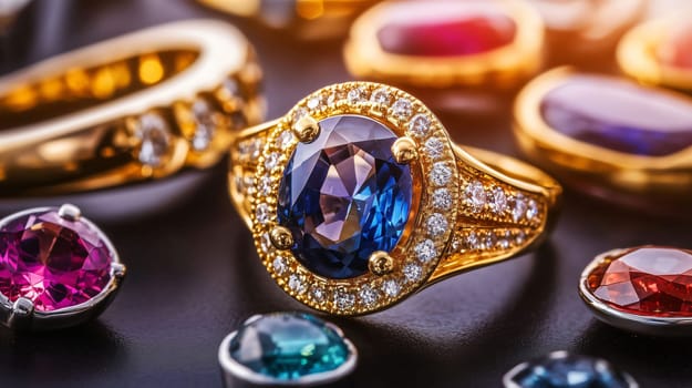 Gold ring with a large blue gemstone surrounded by diamonds and other gemstones