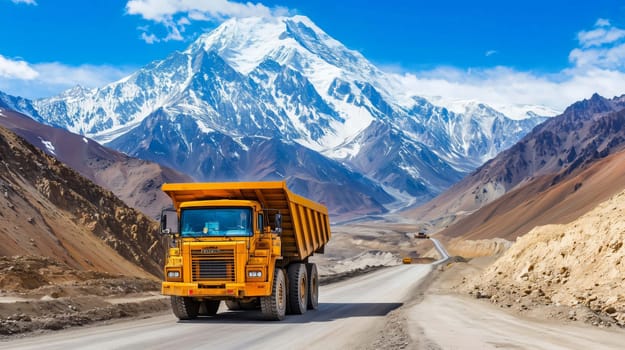 Large yellow mining dump truck transporting a load on a mountain road