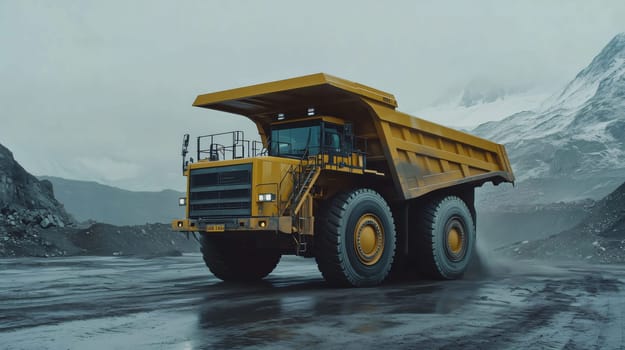 Large yellow mining truck driving on a road in an open pit mine with snow-capped mountains in the background